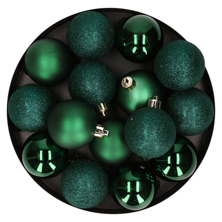 12x stuks kunststof kerstballen donkergroen 6 cm mat/glans/glitter