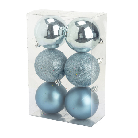 12x Ice blue Christmas baubles 8 cm plastic matte/shiny/glitter