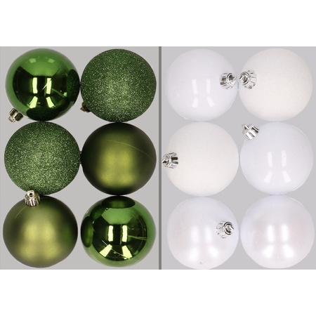 12x Christmas baubles mix apple green and white 8 cm plastic matte/shiny/glitter