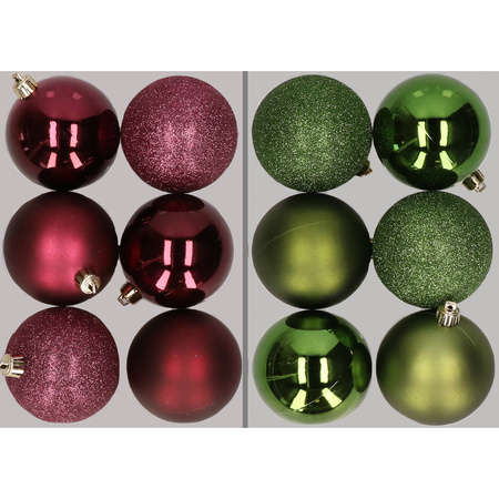 12x Christmas baubles mix aubergine and apple green 8 cm plastic matte/shiny/glitter