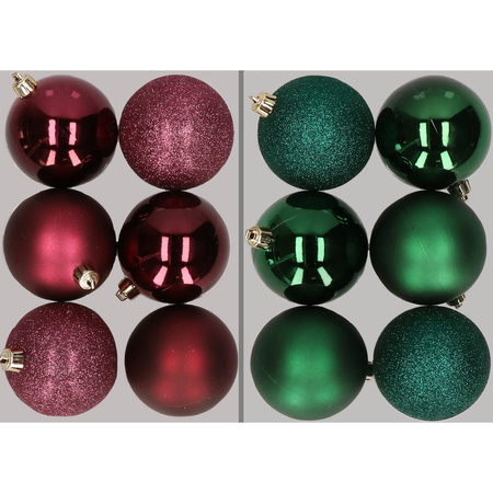12x Christmas baubles mix aubergine and dark green 8 cm plastic matte/shiny/glitter