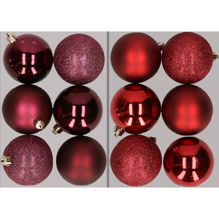 12x Christmas baubles mix aubergine and dark red 8 cm plastic matte/shiny/glitter