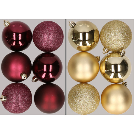 12x Christmas baubles mix aubergine and gold 8 cm plastic matte/shiny/glitter