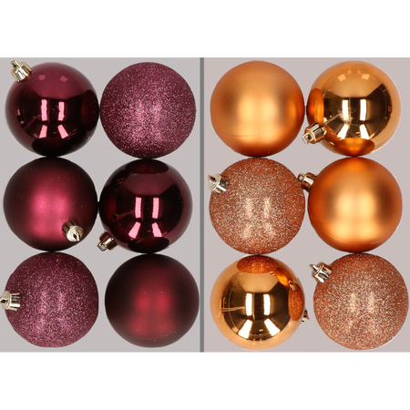 12x Christmas baubles mix aubergine and copper 8 cm plastic matte/shiny/glitter