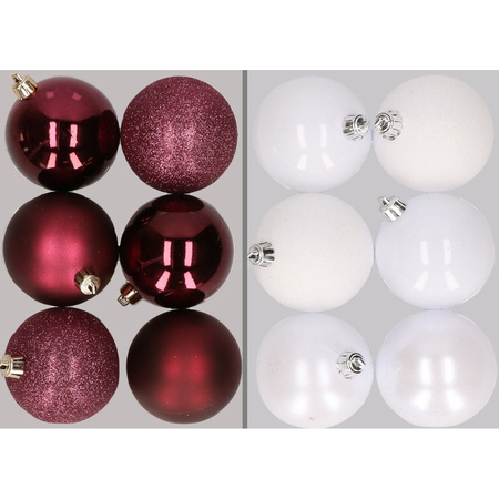 12x Christmas baubles mix aubergine and white 8 cm plastic matte/shiny/glitter