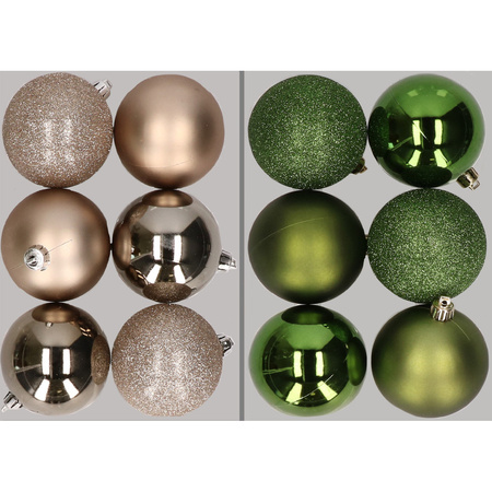 12x Christmas baubles mix champagne and apple green 8 cm plastic matte/shiny/glitter