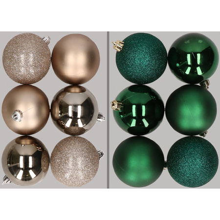 12x Christmas baubles mix champagne and dark green 8 cm plastic matte/shiny/glitter