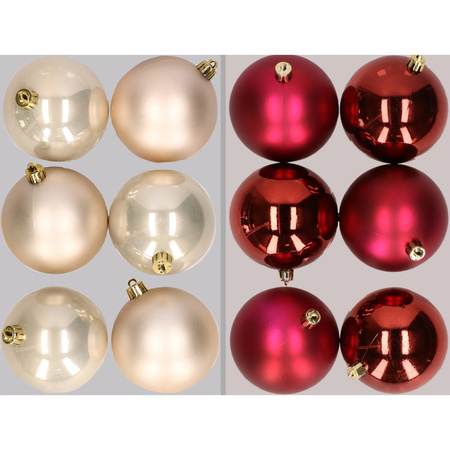12x Christmas baubles mix of champagne and dark red 8 cm plastic matte/shiny