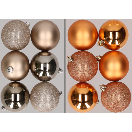 12x Christmas baubles mix champagne and copper 8 cm plastic matte/shiny/glitter
