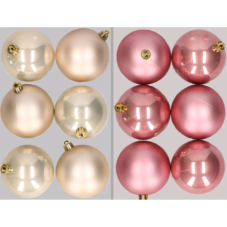 12x Christmas baubles mix of champagne and dusty pink 8 cm plastic matte/shiny