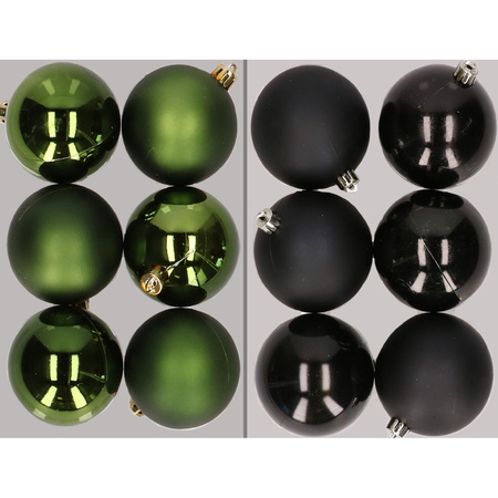 12x Christmas baubles mix dark green and black 8 cm plastic matte/shiny