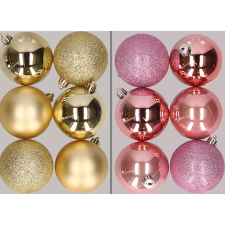 druk geloof wraak 12x stuks kunststof kerstballen mix van goud en roze 8 cm voor kerst  bestellen, Kerst decoratie winkel met 12x stuks kunststof kerstballen mix  van goud en