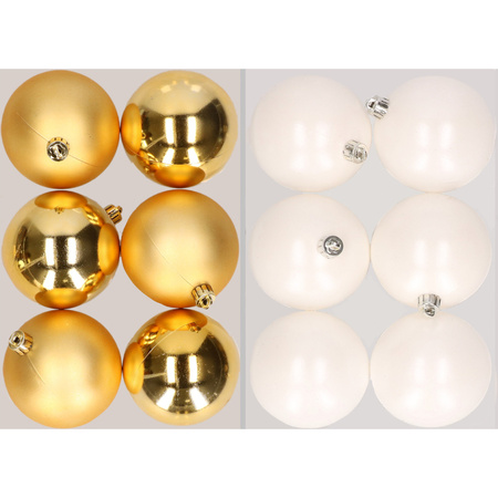 12x stuks kunststof kerstballen mix van goud en winter wit 8 cm