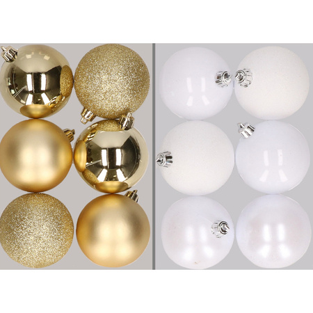 12x Christmas baubles mix gold and white 8 cm plastic matte/shiny/glitter