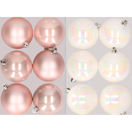 12x Christmas baubles mix light pink and pearlescent white 8 cm plastic matte/shiny