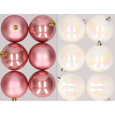 12x Christmas baubles mix dusty pink and pearlescent white 8 cm plastic matte/shiny
