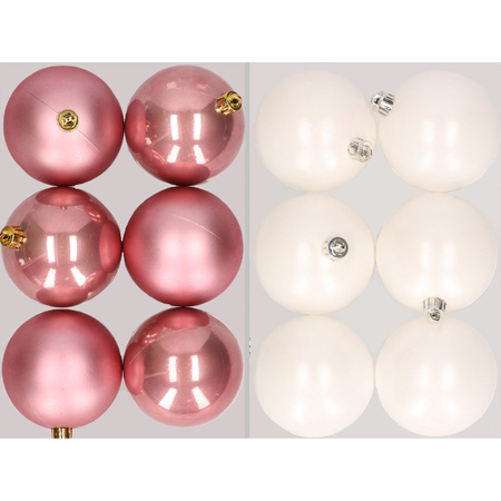 12x stuks kunststof kerstballen mix van oudroze en winter wit 8 cm