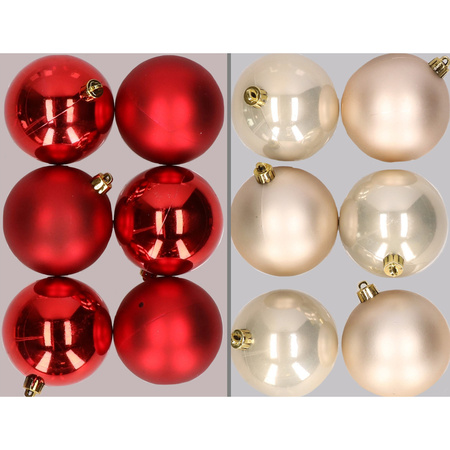 12x Christmas baubles mix red and champagne 8 cm plastic matte/shiny