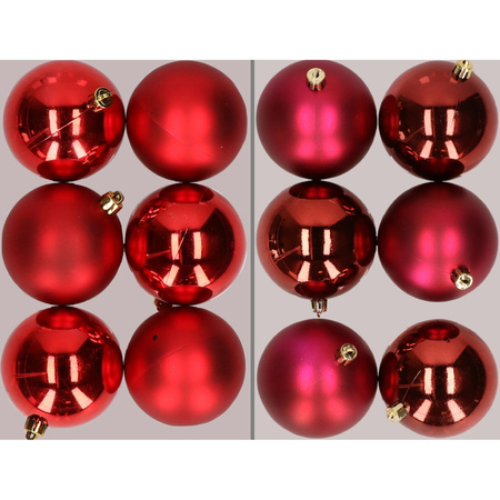 12x Christmas baubles mix red and dark red 8 cm plastic matte/shiny