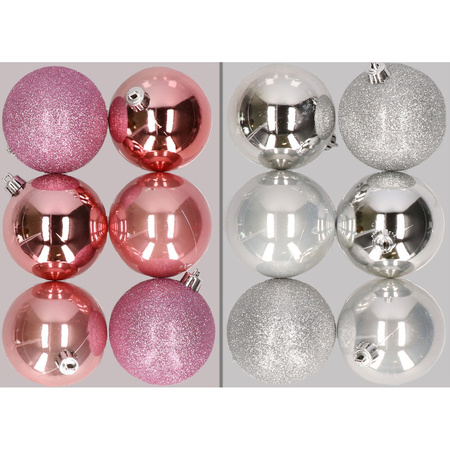 12x stuks kunststof kerstballen mix van roze en zilver 8 cm