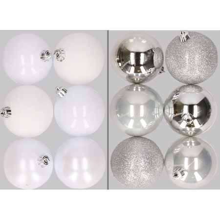 12x stuks kunststof kerstballen mix van wit en zilver 8 cm
