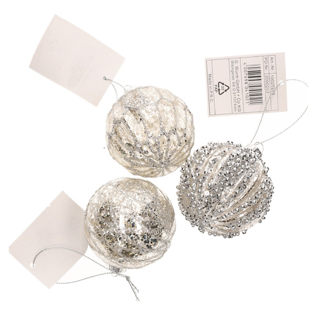 12x stuks luxe gedecoreerde glazen kerstballen zilver 6 cm