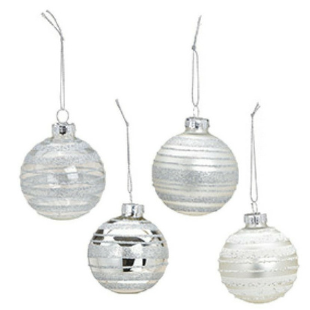 12x pcs luxury decorated glass christmas baubles silver 6 cm