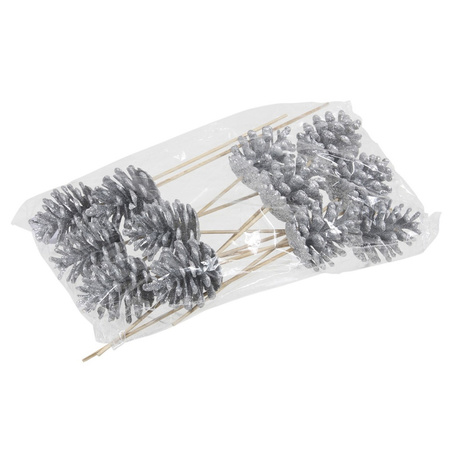 12x Decoration sticks with silver glitter cones 7 cm