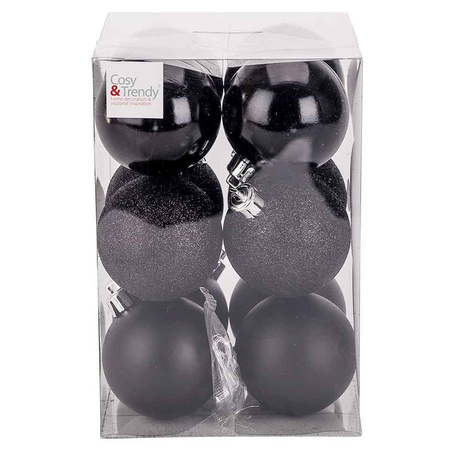 24x stuks kunststof kerstballen 6 cm inclusief glitter piek zwart