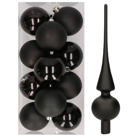 12x Zwarte kunststof kerstballen met glazen piek mat