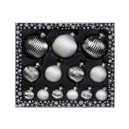 13x stuks luxe glazen kerstballen ribbel zilver 4, 6, 8 cm