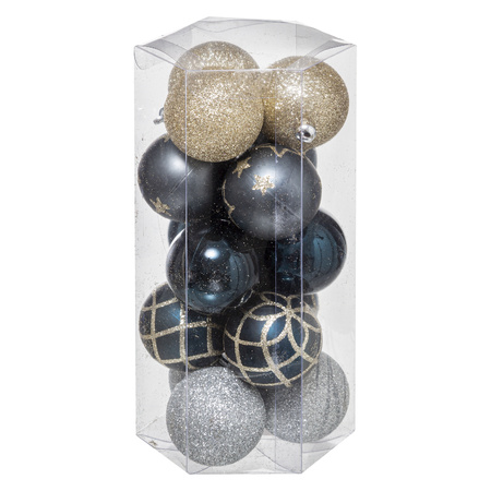 15x stuks kerstballen mix goud/blauw/zilver gedecoreerd kunststof 5 cm
