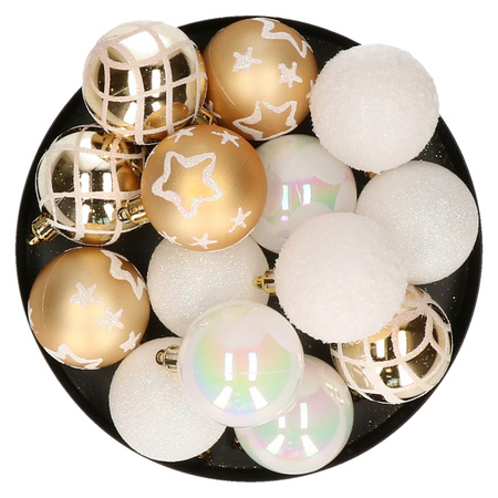 15x stuks kerstballen mix wit/goud gedecoreerd kunststof 5 cm