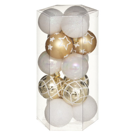 15x stuks kerstballen mix wit/goud gedecoreerd kunststof 5 cm