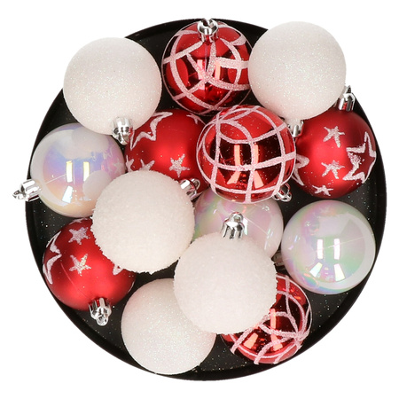 15x stuks kerstballen mix wit/rood gedecoreerd kunststof 5 cm