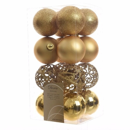 16x pcs plastic christmas baubles 6 cm incl. star tree topper gold