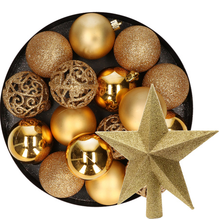 16x pcs plastic christmas baubles 6 cm incl. star tree topper gold
