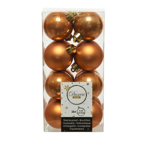 16x Plastic christmas baubles cognac brown (amber) 4 cm mix