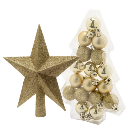 17x pcs christmas baubles 3 cm incl. star tree topper gold plastic