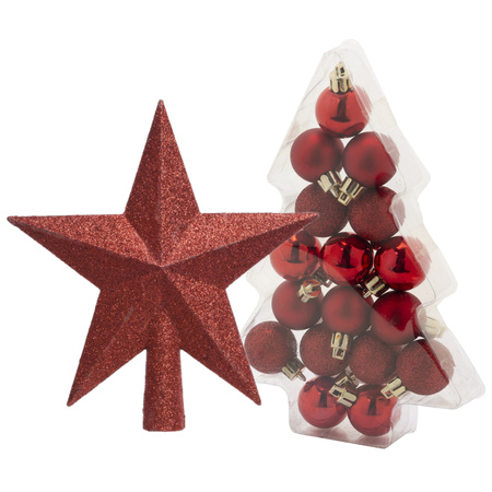 17x pcs christmas baubles 3 cm incl. star tree topper red plastic