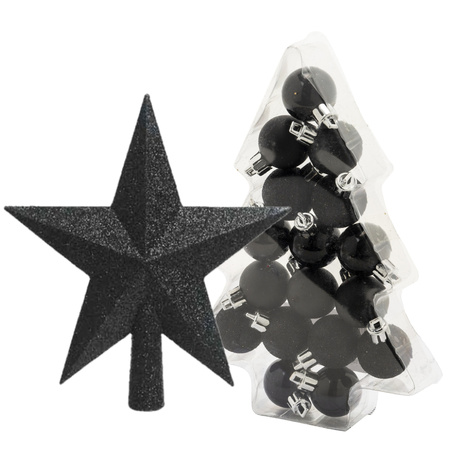 17x pcs christmas baubles 3 cm incl. star tree topper black plastic