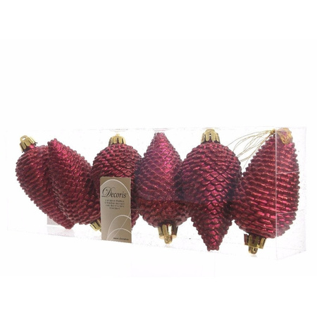 18x Dark red pinecones Christmas baubles 8 cm plastic glitter