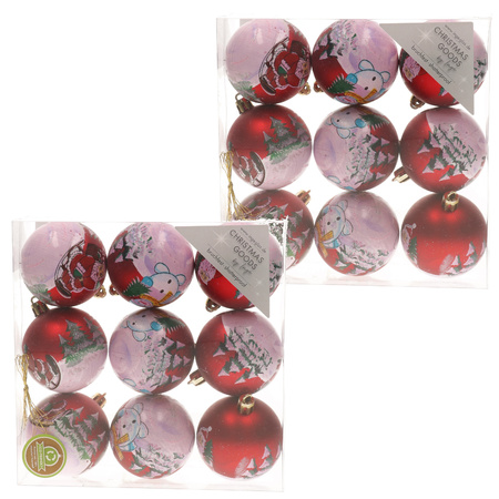 18x Red Christmas baubles 6 cm plastic with print