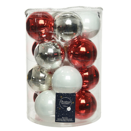 18x pcs glass christmas baubles white, red and silver 8 cm