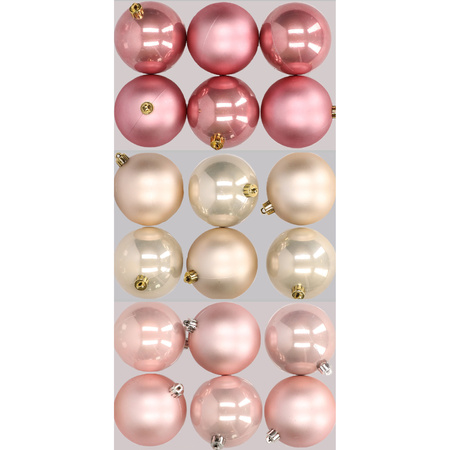 18x Christmas baubles mix light pink, champagne and blush pink 8 cm plastic matte/shiny