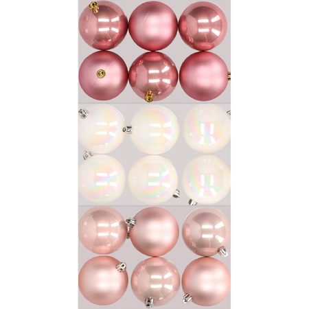 18x stuks kunststof kerstballen mix van lichtroze, parelmoer wit en oudroze 8 cm
