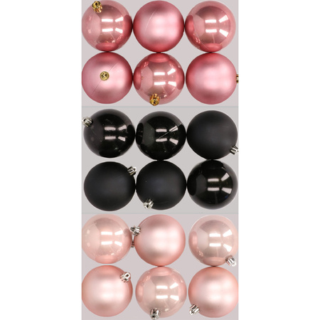 18x Christmas baubles mix light pink, black and blush pink 8 cm plastic matte/shiny