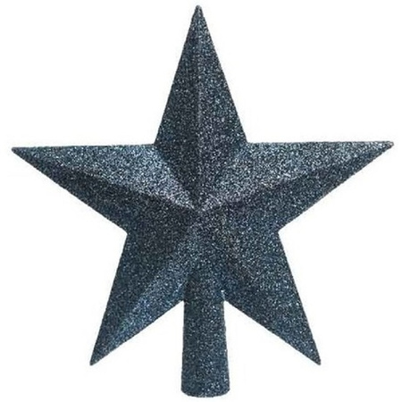 Kerstversiering kunststof glitter ster piek 19 cm en sterren slingers pakket donkerblauw 3x stuks