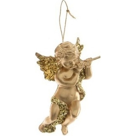 1x Gouden engel met dwarsfluit kerstversiering hangdecoratie 10 cm