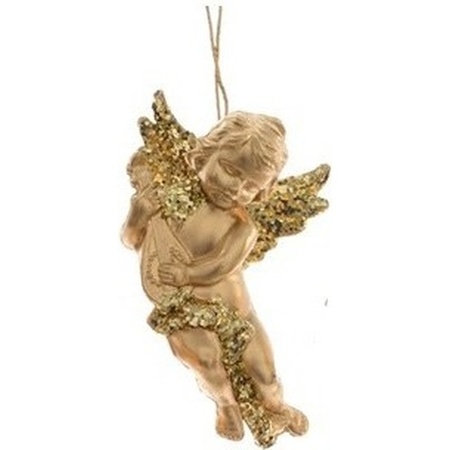 4x Gouden engelen met instrumenten kerst hangdecoratie 10 cm